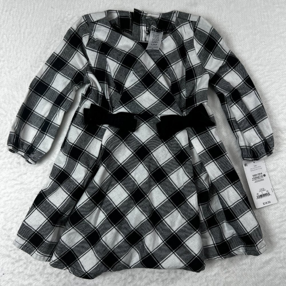 Cater's Baby Girl's Black White Checked Dress Two Bows  Sz 12M. Bloomers
